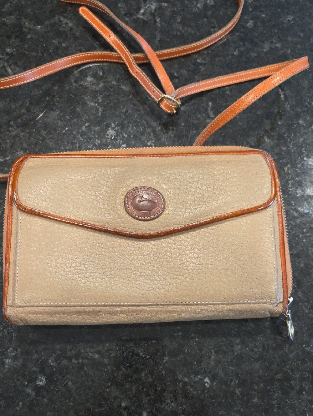 Dooney & Bourke Tan Pebbled Leather Crossbody Wallet with Brown Trim